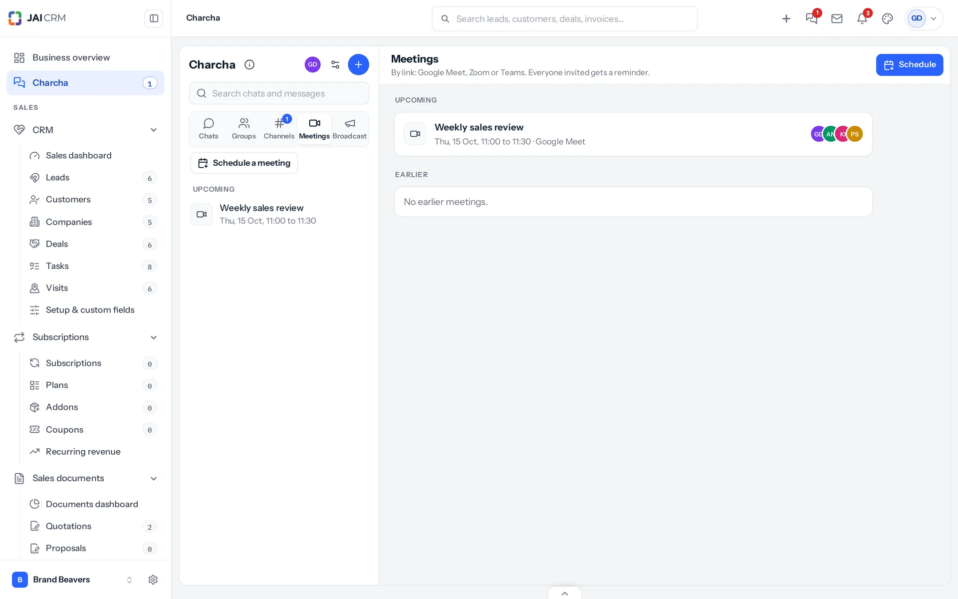 Meetings in Charcha: the weekly sales review on Google Meet with the people invited.