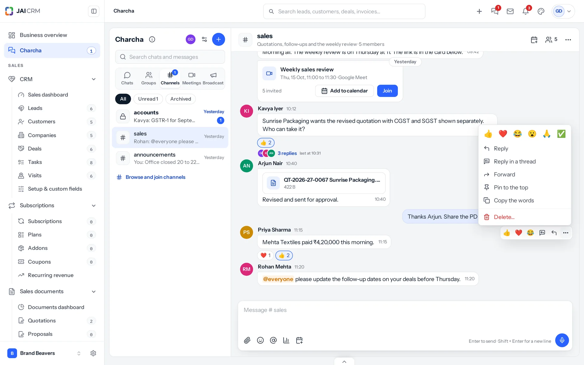 A message’s menu: reactions, reply, reply in a thread, forward, pin, copy, message info and delete.