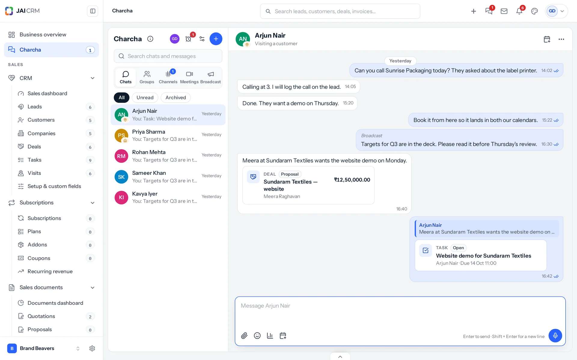 Arjun shares the Sundaram Textiles website deal as a card, and Govind makes a task from it; the task card shows who does it and when it is due.