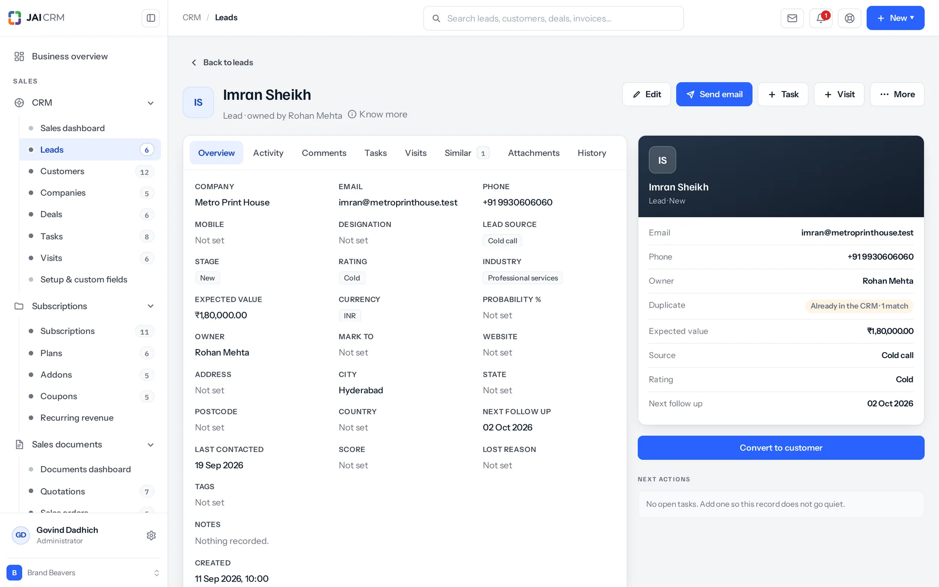 A lead record with its details, timeline of calls, notes and the next step.