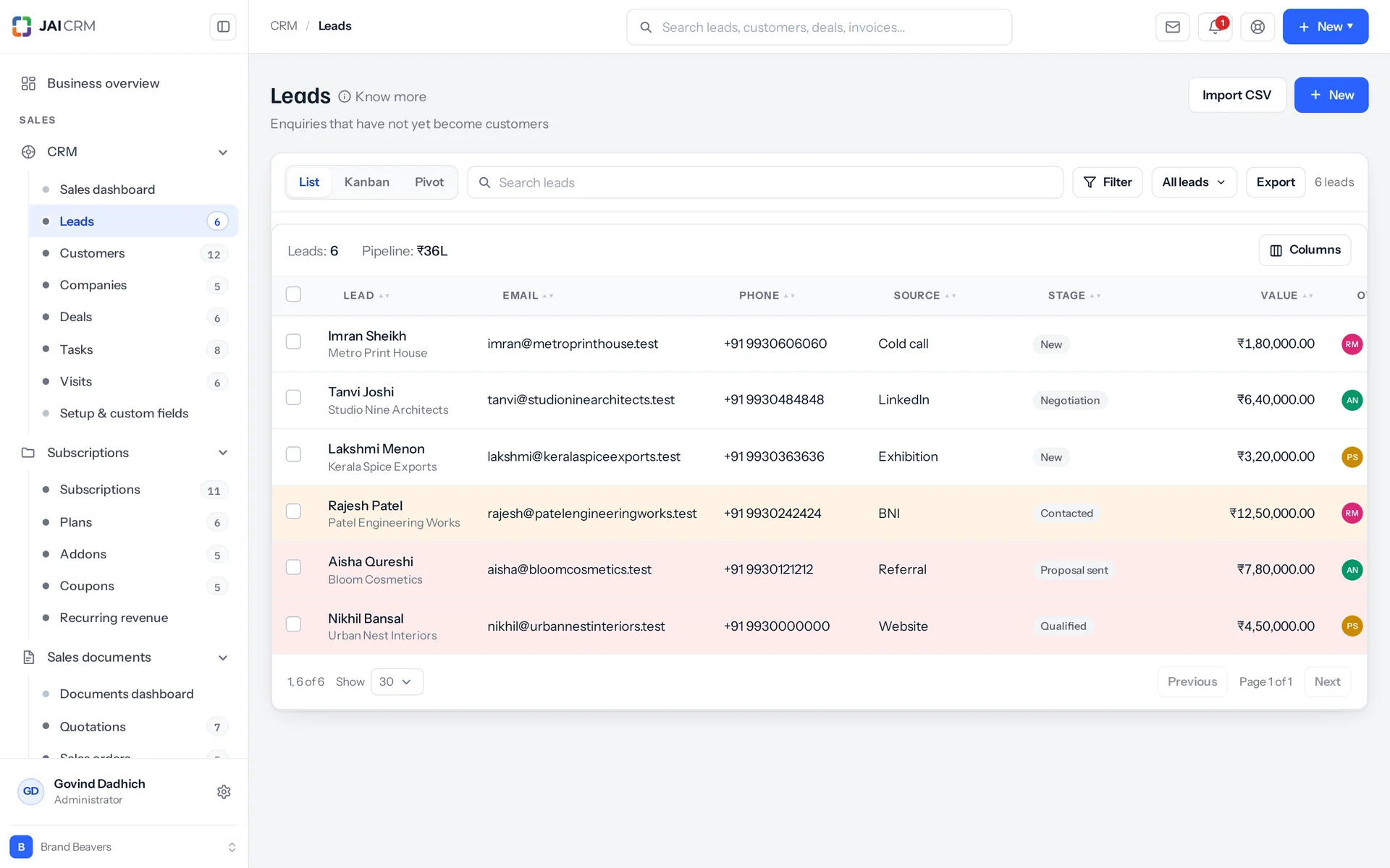 The leads list with each lead’s company, source, owner, stage and next follow-up.