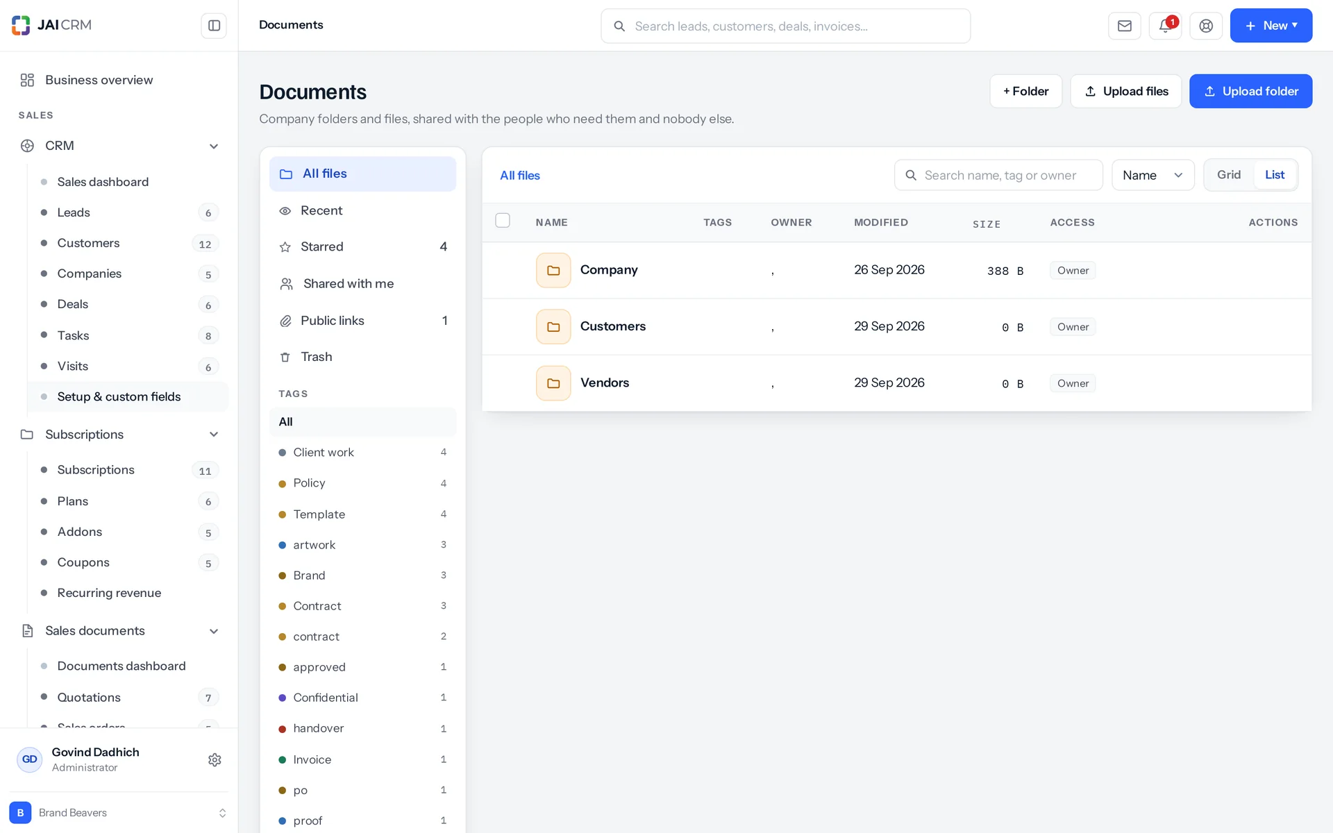 Documents in folders by customer and vendor, with who they are shared with.