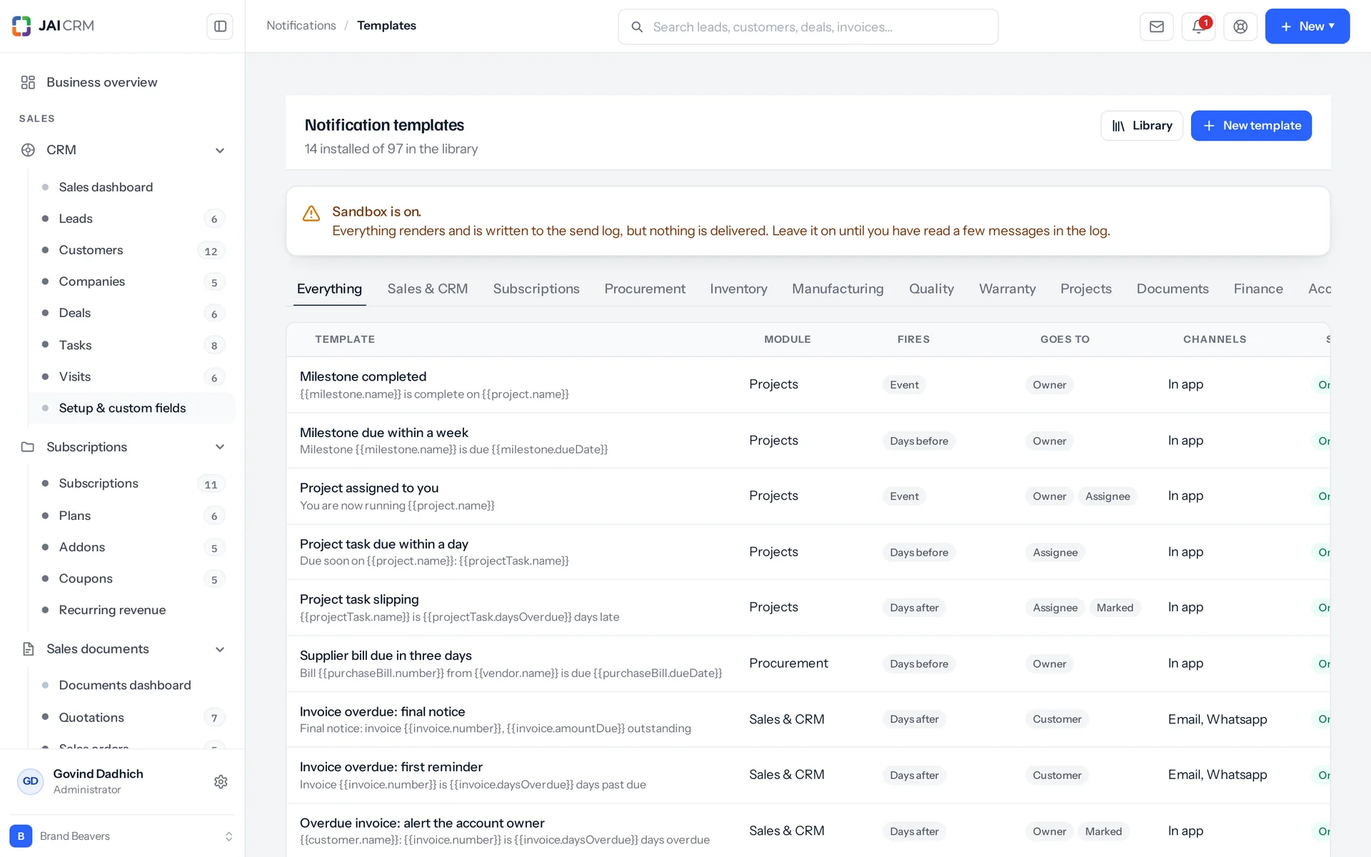 Notification templates for reminders, quotations and overdue invoices.