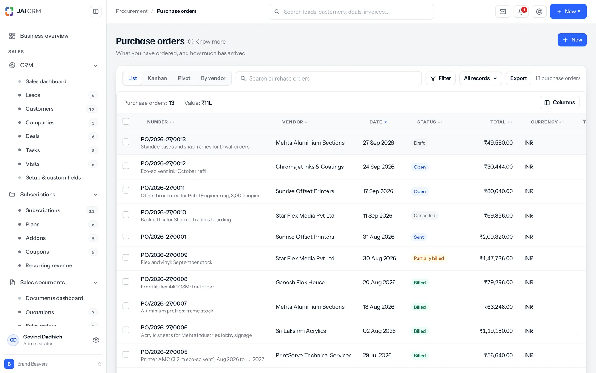 Purchase orders with vendor, expected date, status and value.
