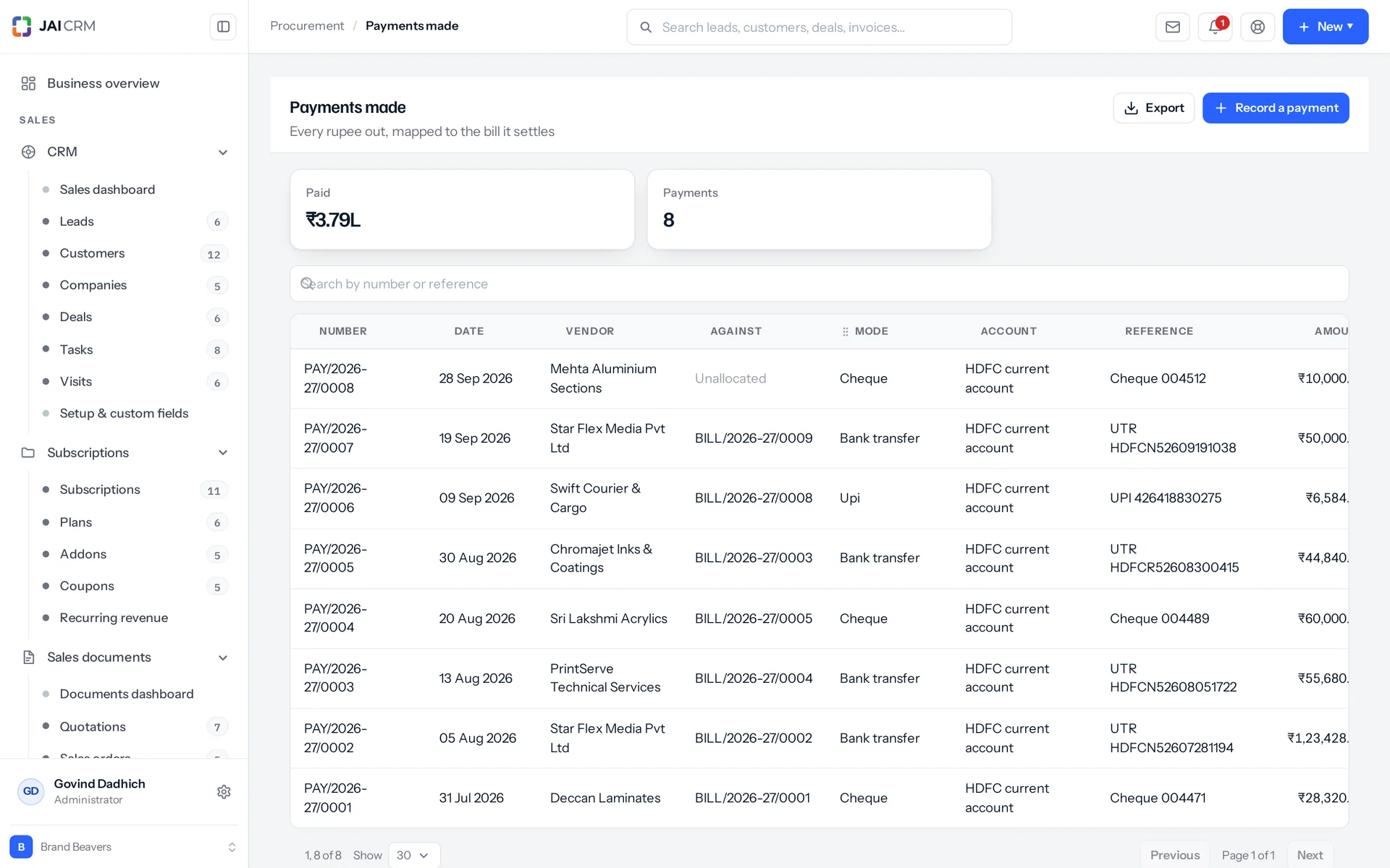 Payments made to vendors, with TDS deducted where it applies.