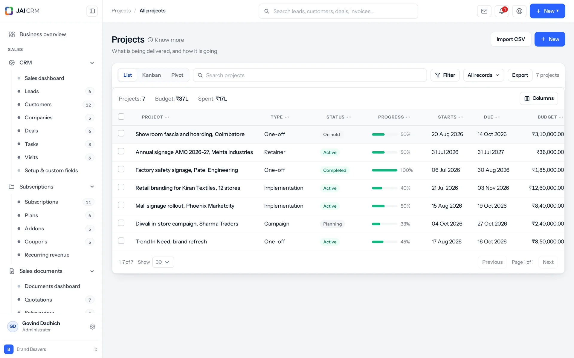 Projects with client, budget, progress and due date.
