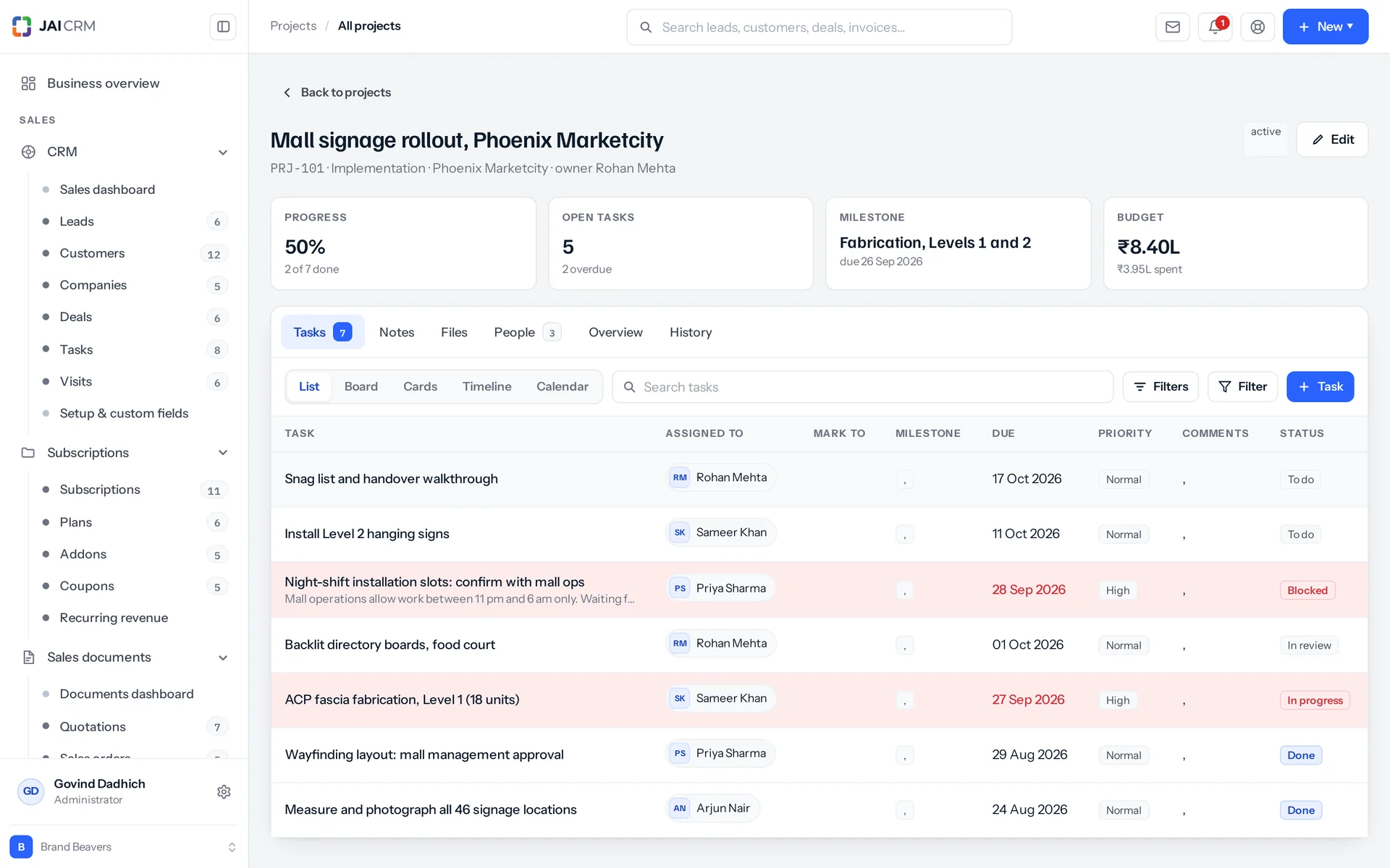 A project opened: milestones, tasks, timesheets and billing.