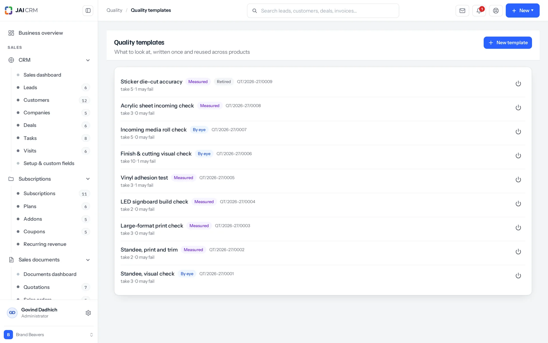 Quality templates listing the parameters to check and their limits.