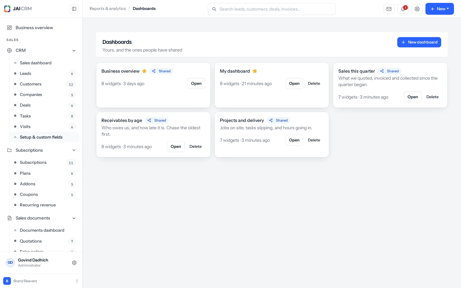 Dashboards with charts of sales, receivables and stock.