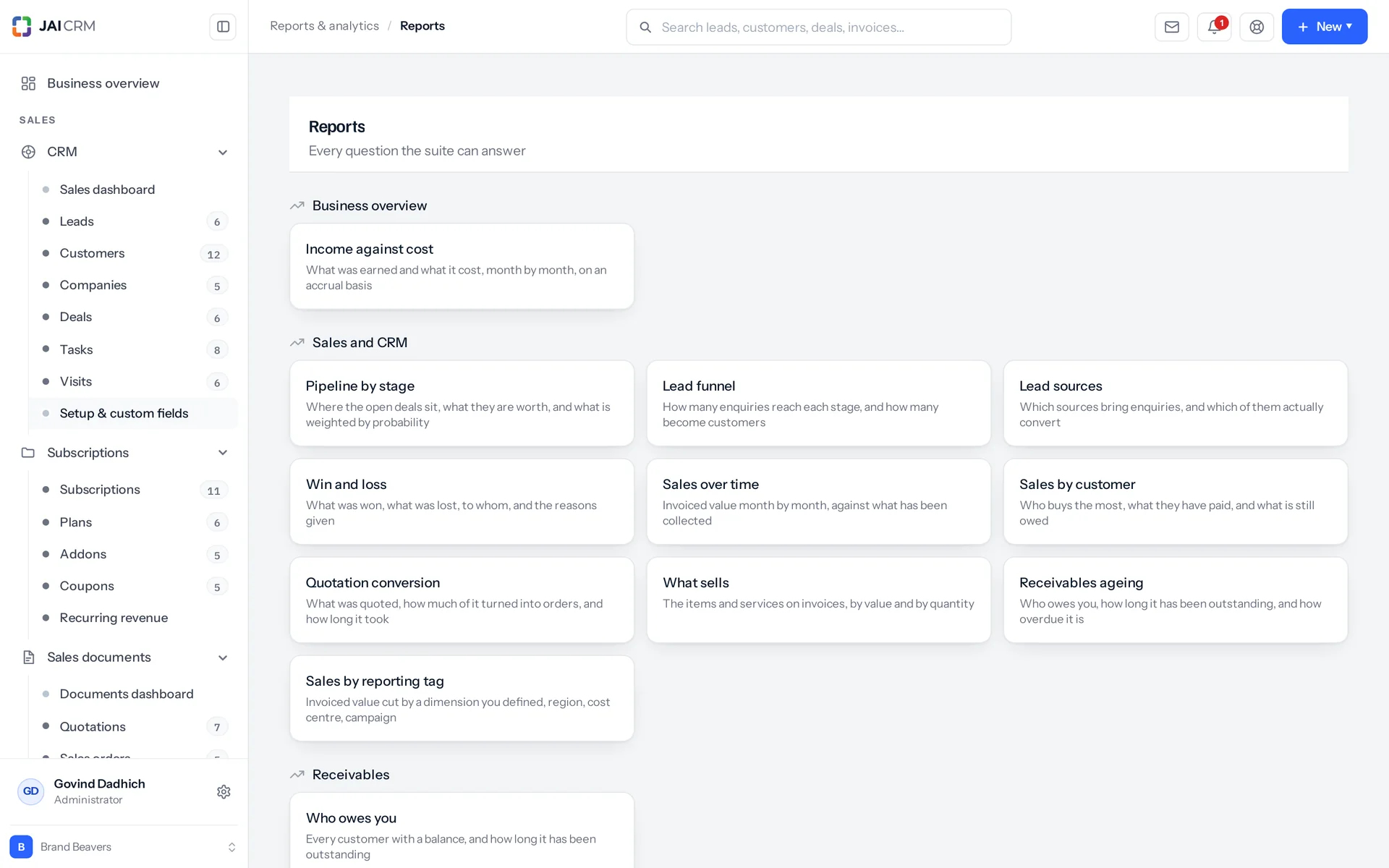 The Reports library in JAI CRM, listing Pipeline by stage, Lead funnel, Lead sources, Win and loss, Sales over time, Sales by customer and other sales reports