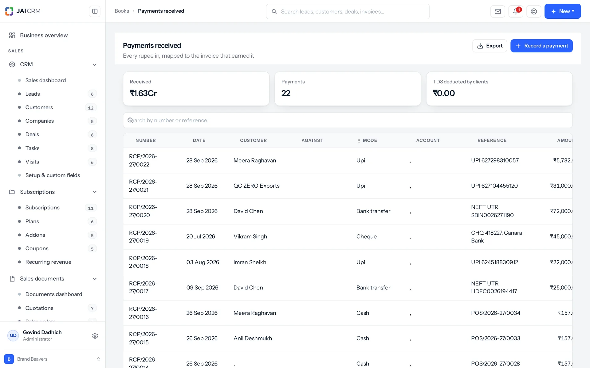 Payments received, matched against the invoices they settle.