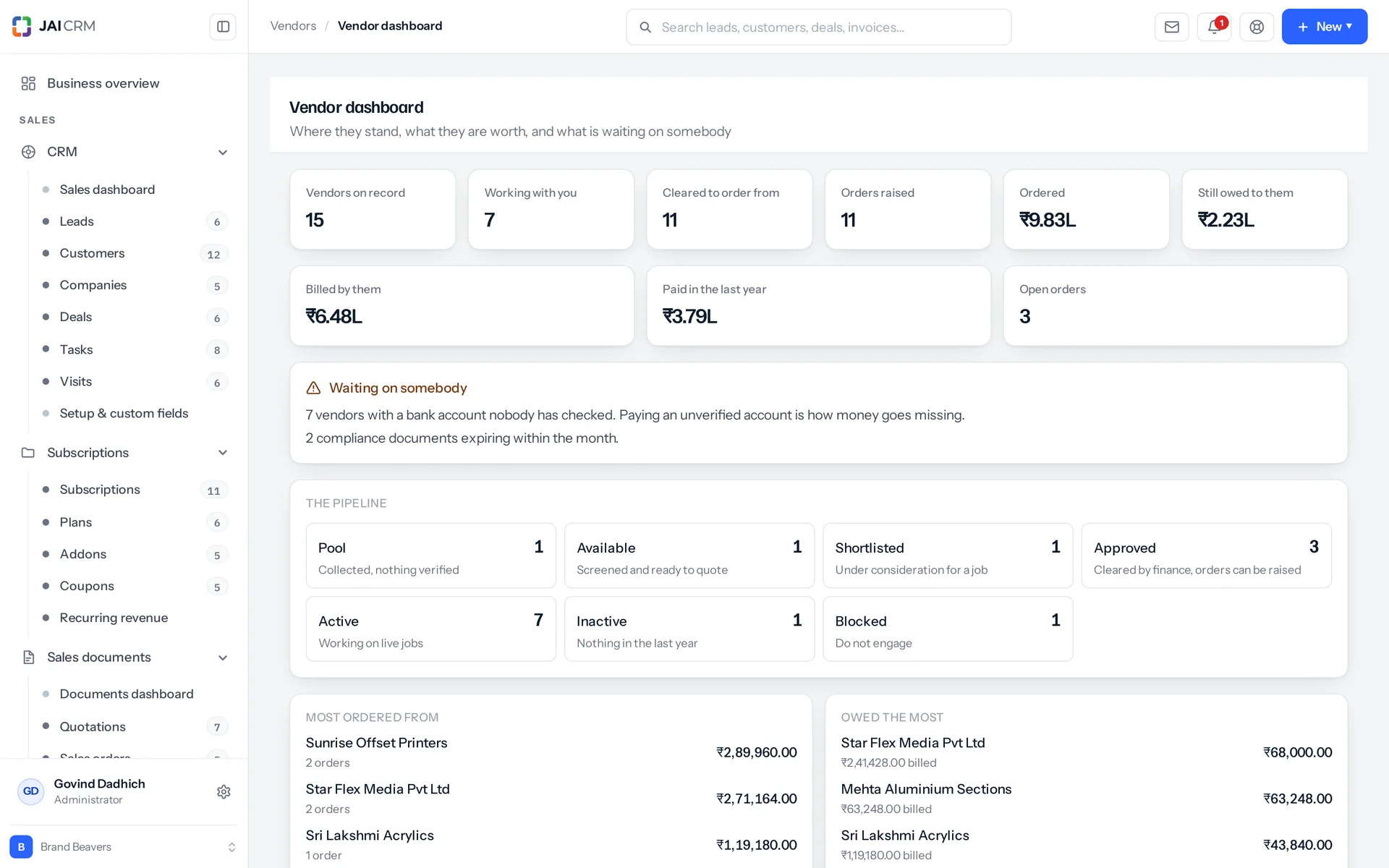 The vendor dashboard: vendors by stage, ratings and what is owed to them.