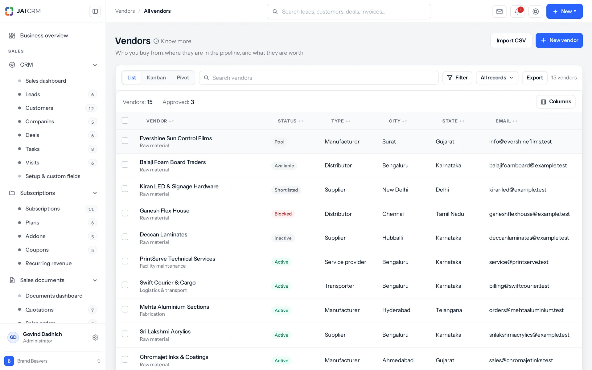 The vendors list with GSTIN, city, rating and status.