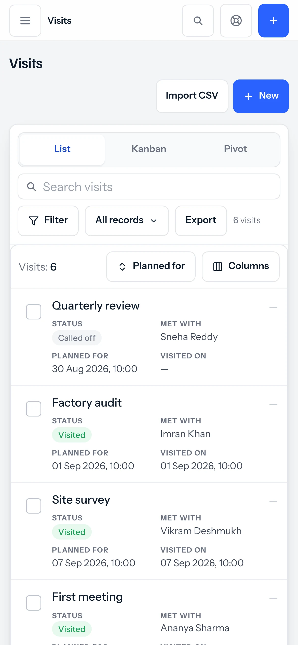 The JAI CRM Android app showing today’s field visits