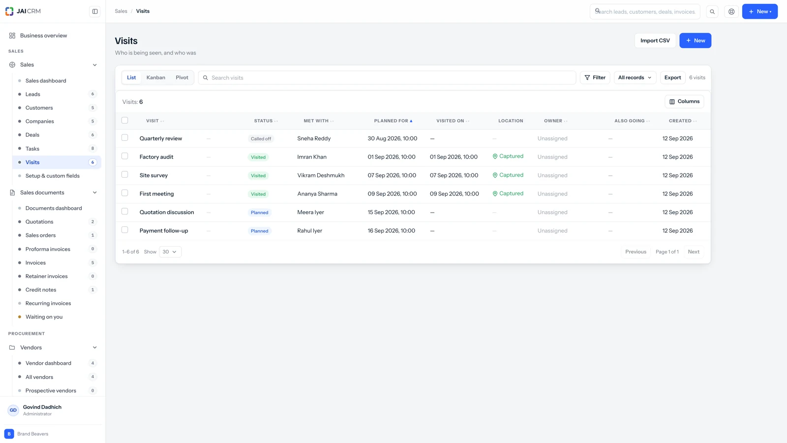 Field visits in JAI CRM: who visited which customer, when, and what came of it