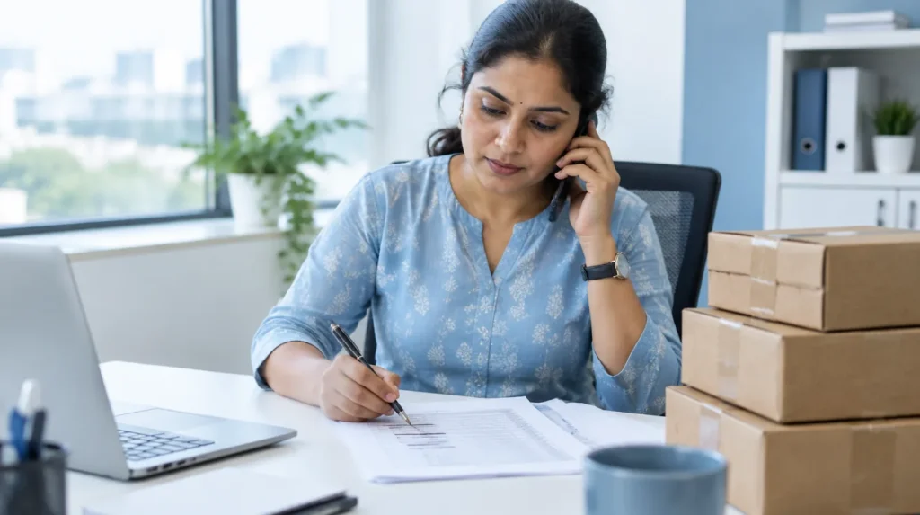 A procurement officer on the phone marks up a printed order at her desk, beside a stack of supplier cartons.