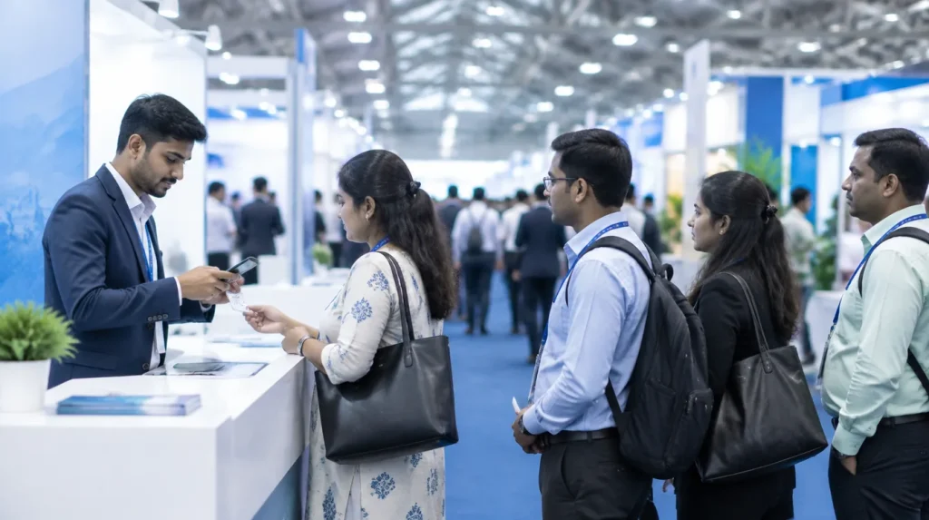 An exhibitor scans a visitor's visiting card with his phone at a busy trade fair stall, as more visitors wait.
