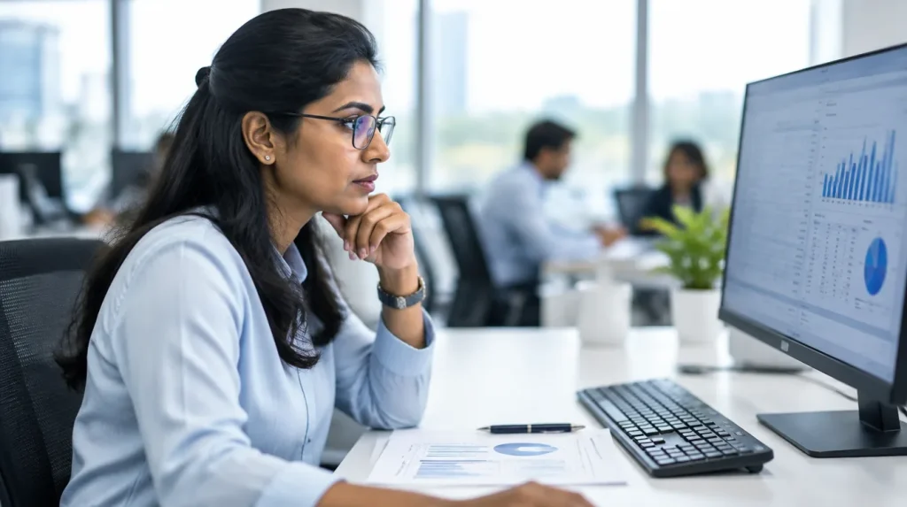 An accountant in reading glasses reviews a report on a large monitor before filing.