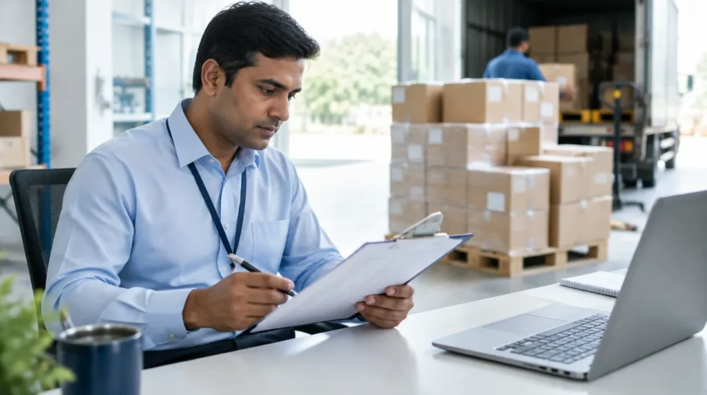 A purchase manager checks a delivery against a purchase order on a clipboard, with half the cartons unloaded on a pallet behind him.