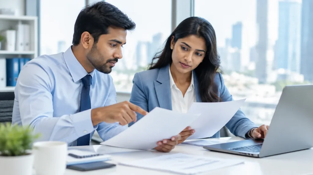 Two colleagues in a finance office compare documents, one pointing at a page while the other checks a laptop.
