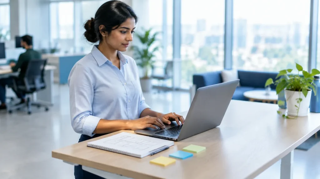 An operations manager works on a laptop at a standing desk, beside a notebook of sketched boxes and sticky notes.