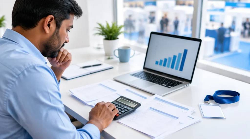 A business owner works out what a trade fair earned with a calculator, invoices and a chart on his laptop, his exhibitor badge beside them.