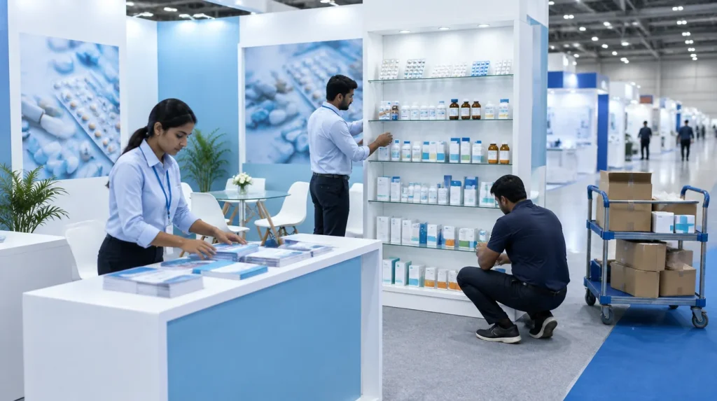 An exhibition team sets up a pharmaceutical packaging stall in a large convention hall, arranging brochures and a shelf of sample bottles and cartons.