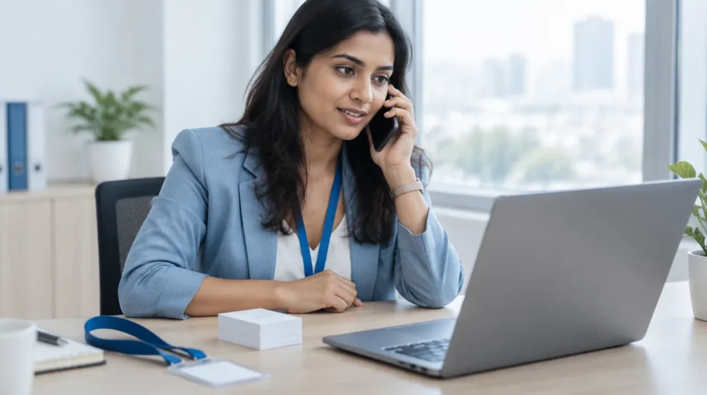 A saleswoman makes a follow-up call the morning after a trade fair, with a stack of visiting cards and her exhibition lanyard on the desk.