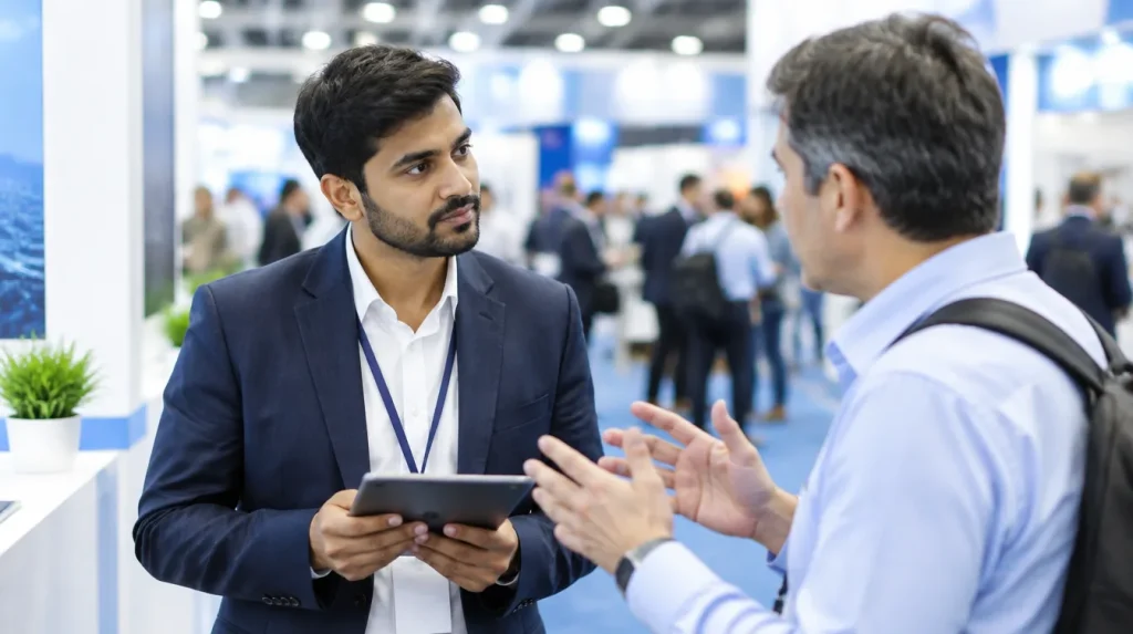 At a trade fair stall, an exhibitor with a tablet listens closely as a visitor explains what he needs.