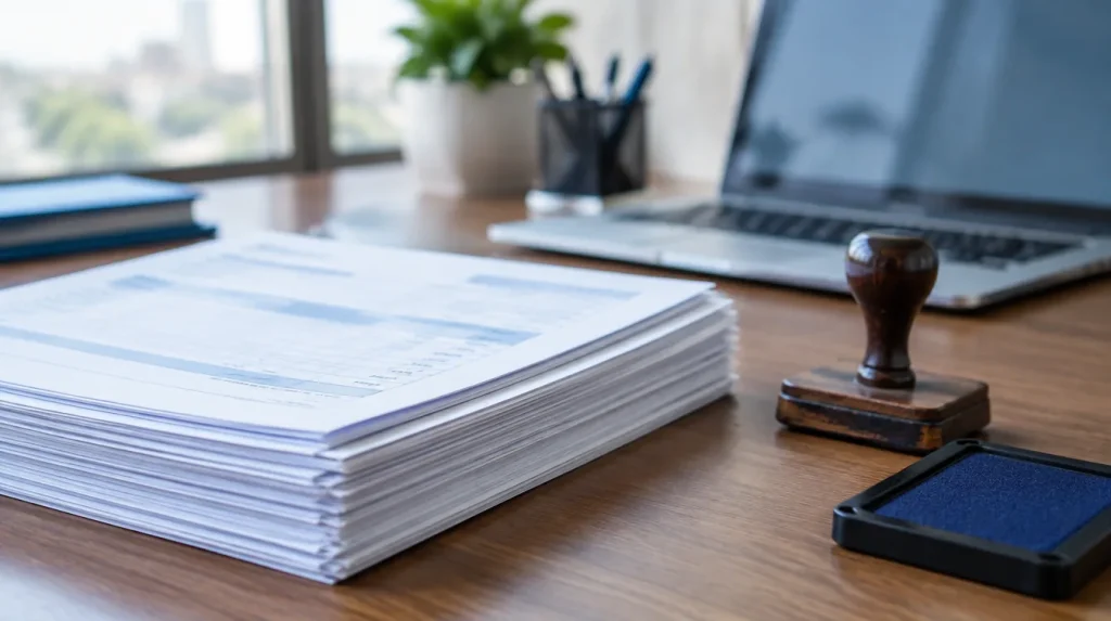A stack of printed invoices on an office desk, beside a rubber stamp and an ink pad.