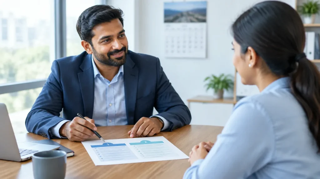 A business owner goes through a two-stage project plan with a client across a meeting table.