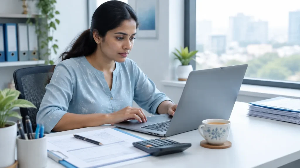 An accountant enters a payment on her laptop, with a calculator, a supplier bill and a cup of chai on the desk.