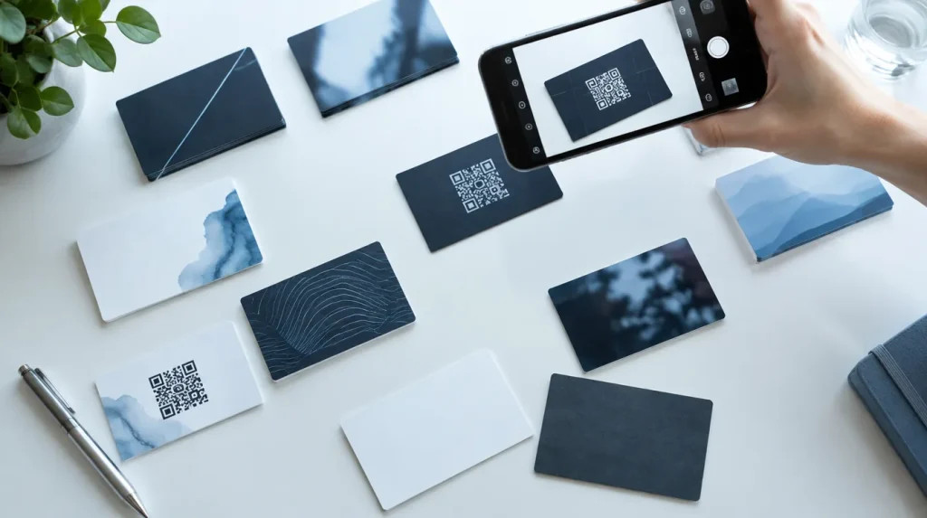Visiting cards of many kinds on a desk, dark, glossy and printed with QR codes, as a phone camera frames one of them.