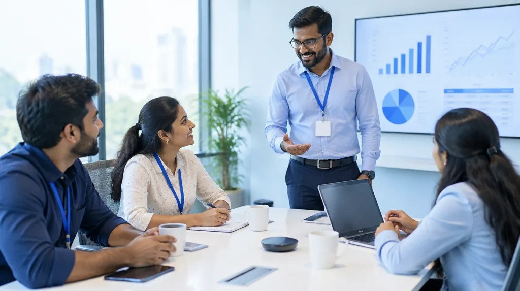 A sales manager reviews results on a screen with his team of three, exhibition lanyards round their necks.
