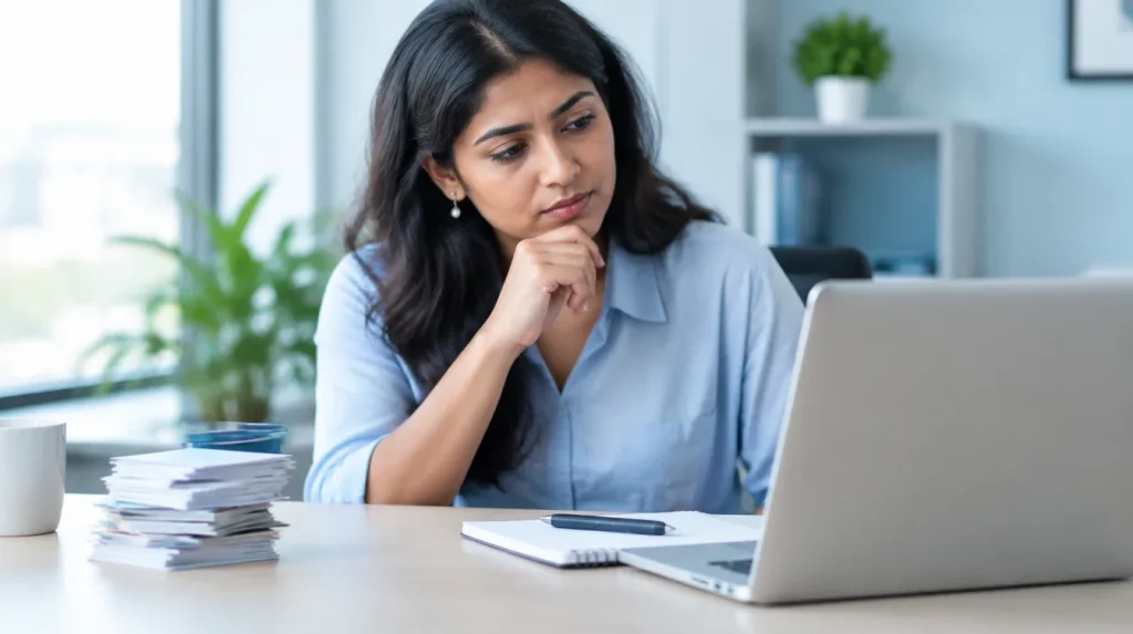 A business owner weighs up where her customers came from, with a pile of visiting cards on one side and her laptop on the other.