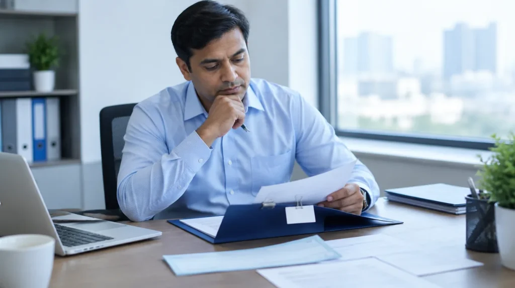 A purchase head studies a supplier's file, with documents and a cheque leaf on his desk.