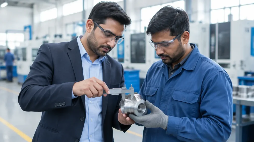 A buyer checks a machined part with a calliper alongside the supplier on a factory floor.
