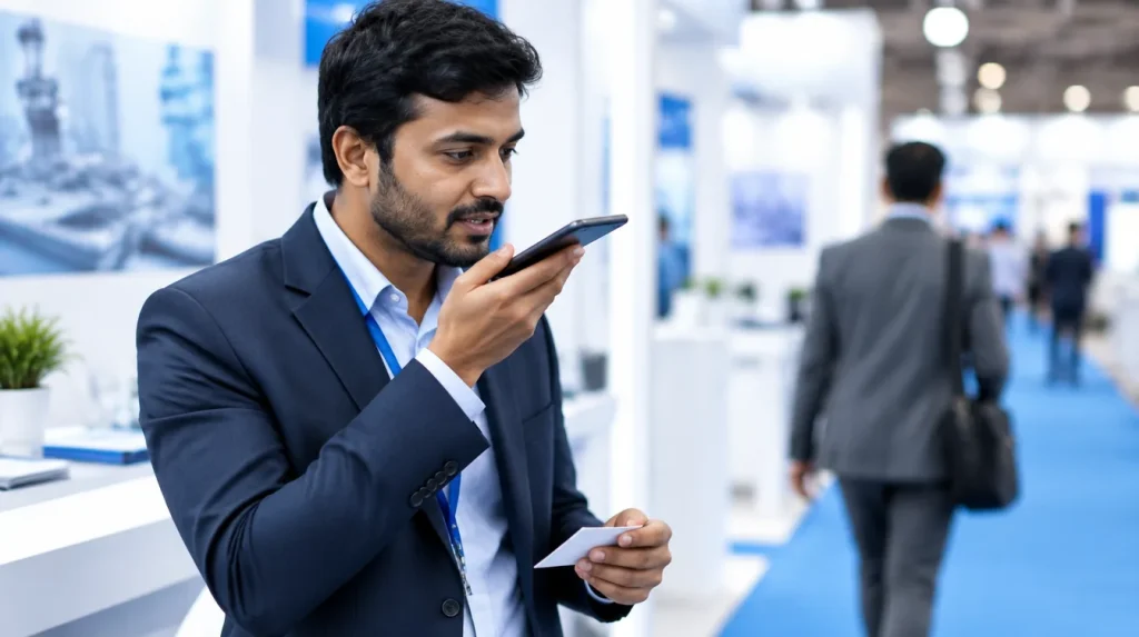 At a trade fair stall, a salesman records a voice note on his phone, holding a visiting card, as the visitor walks away.