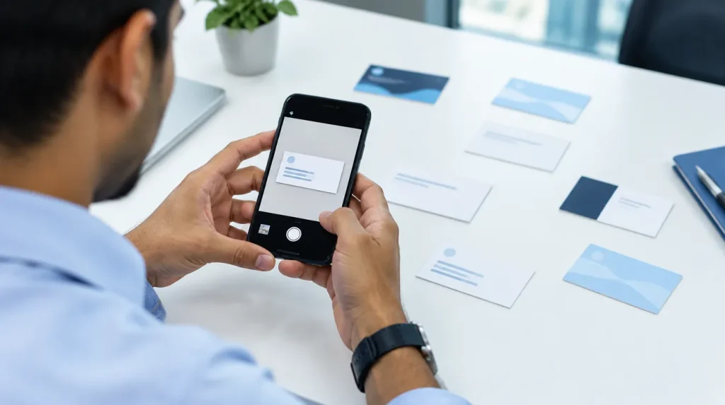 Hands photograph a visiting card with a phone, with more visiting cards spread across the desk.