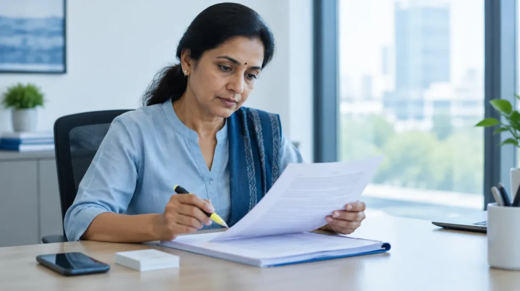 A compliance officer highlights a printed legal document, with a phone and a few visiting cards on her desk.