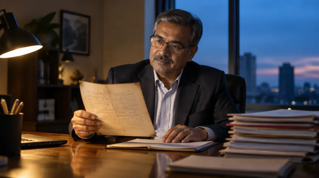 A business owner reads an old invoice at his desk in the evening, a thick file of papers beside him.